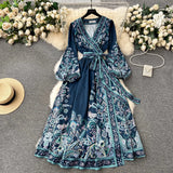 Early Spring New French High-End Style One-Piece Lace-Up Waist Printed Dress Women's Light Extravagant And Elegant