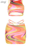 Colorful Print Elegant Two Piece Sets Women Summer Sleeveless Trend Tank Tops+Hollow Skirts Female Vacation