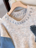 Women Sweater Patchwork Denim Long Sleeve O-Neck Loose Heart Chic Pullovers Simple Knitted Autumn Winter 2023 New Knit