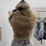 Bow Decorative Hair Splicing Elastic Hanging Neck Vest Outside Wearing Hairy Short Grinding Coat
