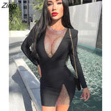 Sexy V-neck Fishnet Diamonds Women Dress Black Long Sleeve Elegant Dress Female Summer Skinny Casual Party Clubwear