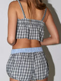 Women Pajamas Sets 2 Pieces Loungewear Suits Plaid Print Camis Cropped Tank Tops Drawstring Shorts Sleepwear
