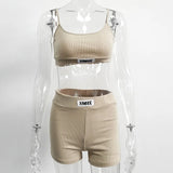 Summer Ribber Women Set White Spaghetti Strap Crop Top And Mini Biker Shorts Embroidery Two Piece Sets Sexy Outfit