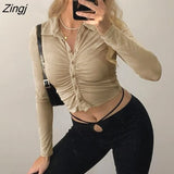 Women Solid Color Close-fitting T Shirt Turn-down Collar Long Sleeve Crop Tops Blue/ Green/ Khaki/Black/White 2023