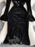 Women Black Mesh Patchwork Velvet Party Dress Elegant Stand Collar Flare Long Sleeve Ruffle Mermaid Robe Female 2023