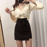 Women's White Irregular A-line Hip Skirt High Waist Slim Solid Short Above Knee Mini Skirt Trendy Sweet Preppy Style