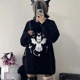 Gothic Casual Oversized Knitted Jumpers Grunge Cartoon Sweater Fashion Knitwear Y2k Aesthetic Balack Loose