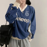 Fashion Color Letter Printed Baseball Blouse 2023 Loose V-Collar Medium And Long Woven Long-Sleeved T-Shirt In Early