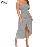 Women Strapless Dress Fashion Solid Color Off-Shoulder Sleeveless Slit Dress with Cropped Hem for Ladies