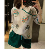 A New Retro National Style Imitation Silk Printing Pearl Button Slanted Chinese-Style Trimmed Blouse In