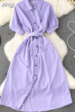 Vintage Green/Blue/Red Turn-Down Collar Single Breasted Dress Casual Short Sleeve High Waist A-Line Midi Robe New