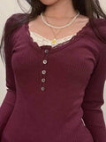 Red Knit Top with Lace Trim and Long