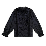 Vintage Autumn New Pleated Lace Stand Collar Blouse Women Velvet Lantern Sleeve Shirt Tops Women Cardigan Clothing