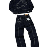 Devil Island Denim Suit High Street Western Denim Jacket Baggy Jeans Trend