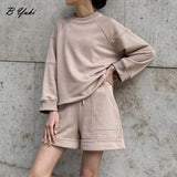 Summer Soft Cotton Sets Women Loose Casual 2 Pieces Long Sleeve Sweatshirt &amp; High Waist Pants Solid Outfits