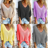 For The New T-Shirt Women's Hollow Long-Sleeved Knitted Shirt Languid Style Design V Collar Sunscreen Sexy