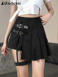 SUCHCUTE Gothic Leg Loop Patchwork Short Skirt Women Pleated Mini Skirts Streetwear Solid Black A-Line Skirts Dark Academia