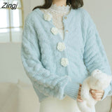 Women Blue Flowers Sweet All-match Students O-neck Loose-fitting Casual Fashion Knitting кардиган женский Gentle