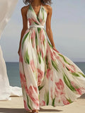 Women's Sleeveless V-Neck Digital Print Belt Dress