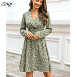 Ditsy Floral Smocked A-Line Midi Dress For Woman Sexy V-neck Long Sleeve Party Dress 2023 Spring Autumn Female