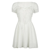 Pure Lace Splicing Waist Skinny Dress Spice Girl Tied With Pastoral Style Square Collar Short Sleeves A Short