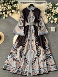Zingj Dress New Vintage Print Round Neck Horn Sleeve Dress Women's Single Breasted Large Pendulum Irregular Pleated Long