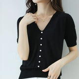 Silk Knitted Sweater Short-Sleeved Women's Summer New V-Neck Pearl Button T-Shirt Loose And Thin Short Five-Point Sleeve