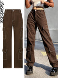 Brown Vintage Baggy Jeans Women 90s Streetwear Pockets Wide Leg Cargo Pants Low Waist Straight Denim