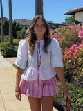 Striped Print Shorts Suit Women Lace Up Bow T-shirts High Waist Wide Leg Short Pant Sets 2024 Fashion Holiday Lady