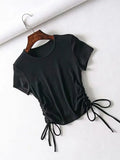 Side Drawstring Tie Up Ruched Tank Tops Women Solid Color Slim Crop Top Ladies Streetwear Ribbed Knitted