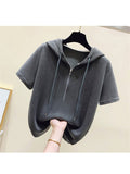 T-shirts Women Summer New Skinny Casual Irregular Crop Tops Solid Short Sleeve Hooded Zipper Harajuku Ladies