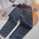 Straight Jeans Women with Belt Vintage Basic Blue Ankle-length Denim Pants Plus Size Boyfriend Gray Jeans