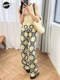 Women Hollow Crochet Pants Suit Fashion Round Neck Sleeveless Veat Wide Leg Pants 2-pieces Set Summer Women's Highstreet