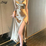 Women Dress Elegant Summer Satin Champagne Chic Mid-calf Side Slit Temperament Simple Solid Gown French Style Spaghetti