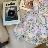 Lovely Elegant Allover Floral Lace Trim Tie Strap Dress Korean Style Chiffon Sleeveless Bandage Summer Holiday
