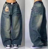 Trend Of Spring And Autumn Street Dark Gotham Haircut Printed Jeans Loose Personality Wide-Legged
