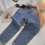 Straight Jeans Women with Belt Vintage Basic Blue Ankle-length Denim Pants Plus Size Boyfriend Gray Jeans