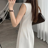 New Spring Summer O Neck Solid Color Sleeveless Chic Dress For Women's French Waist Show Thin Temperament Goddess Fan