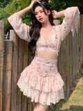 Summer Sweet Two Piece Set Sexy Backless Shirt Crop Top + Cake Skirt Suits Floral Chiffon Boho Beach Outfits For