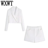 Women Elegant Solid Sets Fashion Double Breasted Cropped Blazer Suits With High Waist Textured Shorts
