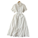 Zingj Gentle Wind Turn Collar Bubble Sleeve Medium-Long Shirt Skirt Lace Thin Hollow-Out Design French