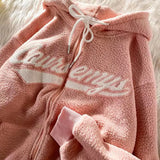 Polar Fleece Hoodies Women Casual Embroidery Clothes for Teens Sweatshirts Vintage Pink Tops Retro Winter Women