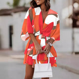 Zingj Wise Hot Style Autumn V-Collar Loose Bat Sleeve Print Dress Women's