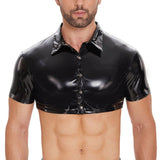 Zingj Men's PVC Bright Leather Jacket Sexy Slim Short Sleeve Half Leather Shirt Size