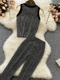 Shiny Diamonds Decor Women Two Piece Set Black Stand Collar Sleeveless Short Tops + High Waist Pencil Pants Suit