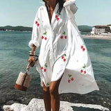 Women Dresses Turn-down Collar Print Casual Long Sleeve Shirt Dress Plus Size Loose Beach Party Vestidos Robe