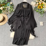 Zingj Shirt Female Designer Feel Minority Pleated Lotus Leaf Ribbon Loose Medium And Long Style Chiffon Dress