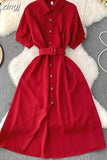 Vintage Green/Blue/Red Turn-Down Collar Single Breasted Dress Casual Short Sleeve High Waist A-Line Midi Robe New