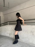 Black Pleated Strap Mini Dress- Outfit