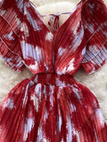 Vintage Women Printed Pleated Long Dress Elegant V-Neck Short Sleeve Ruffle Maxi Vestidos Female Beach Draped Robe